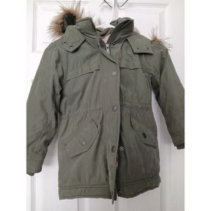 Abercrombie Kids Army Green Hooded Parka Jacket Pink Lined Faux Fur Sz 5/6